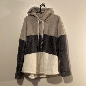 Truself gray white color block teddy bear sherpa hoodie pull over sweatshirt XL